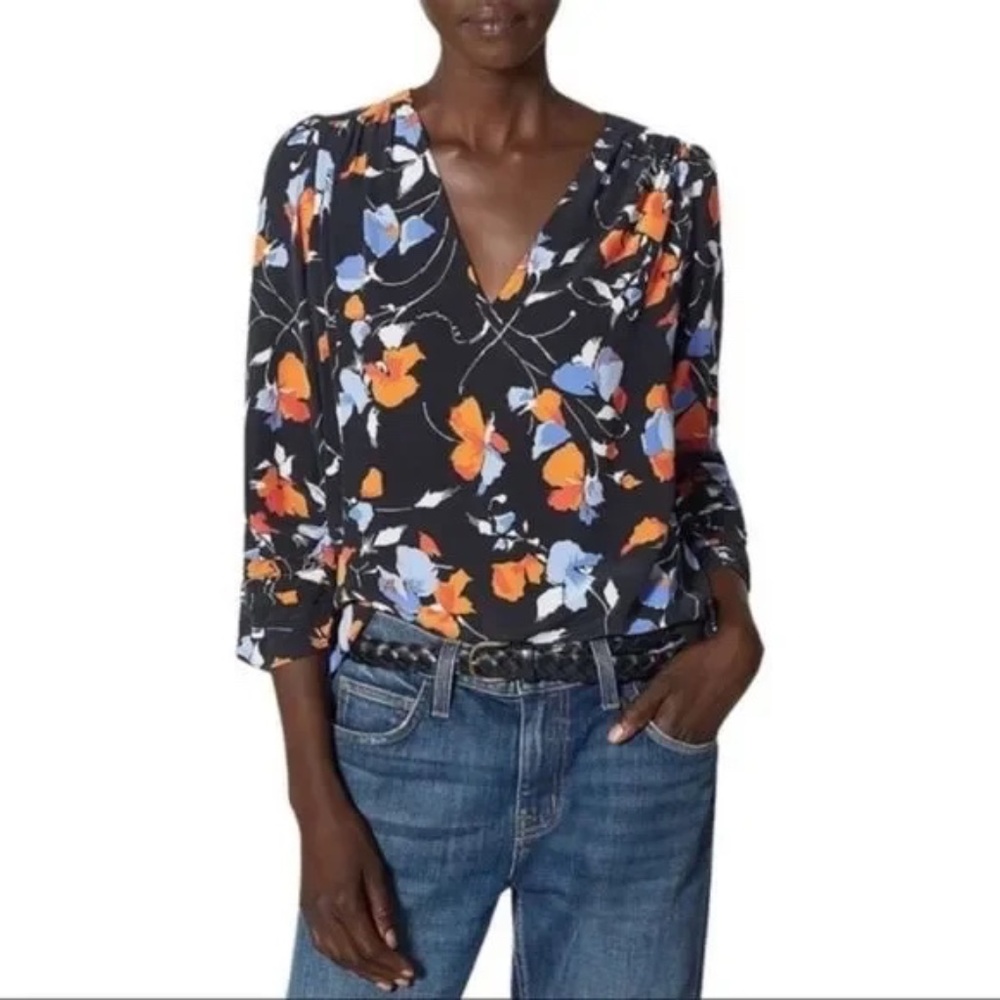 Joie "Maizie" Floral Silk Blouse with Ruched Sleeve Detail